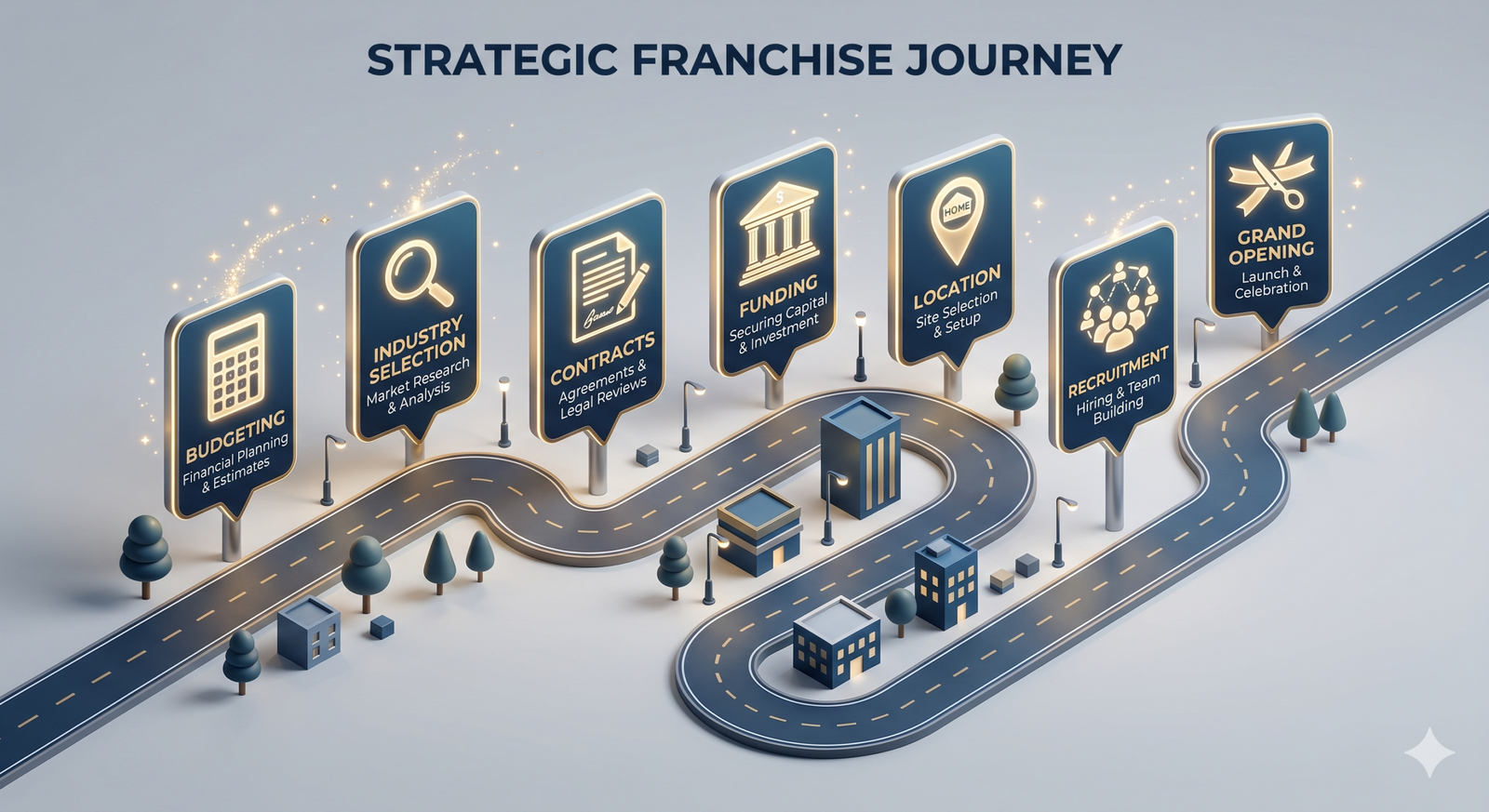 A roadmap infographic showing 7 steps from self-assessment to launching a franchise business.