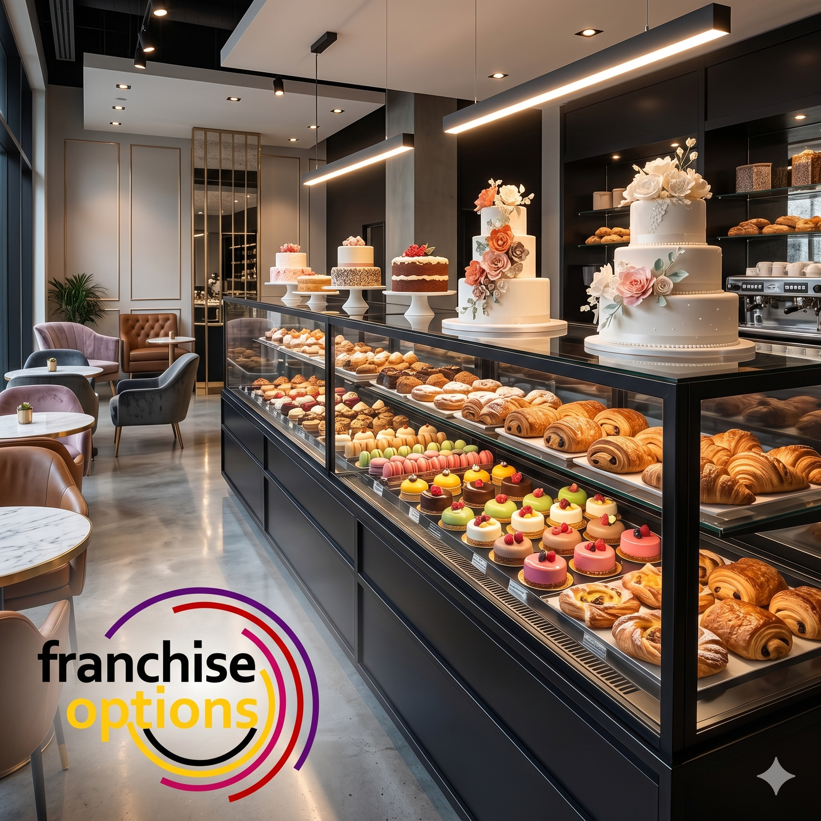 A beautiful, modern 7th Heaven bakery interior showing a well-lit cake display counter and the FranchiseOptions logo on the wall.