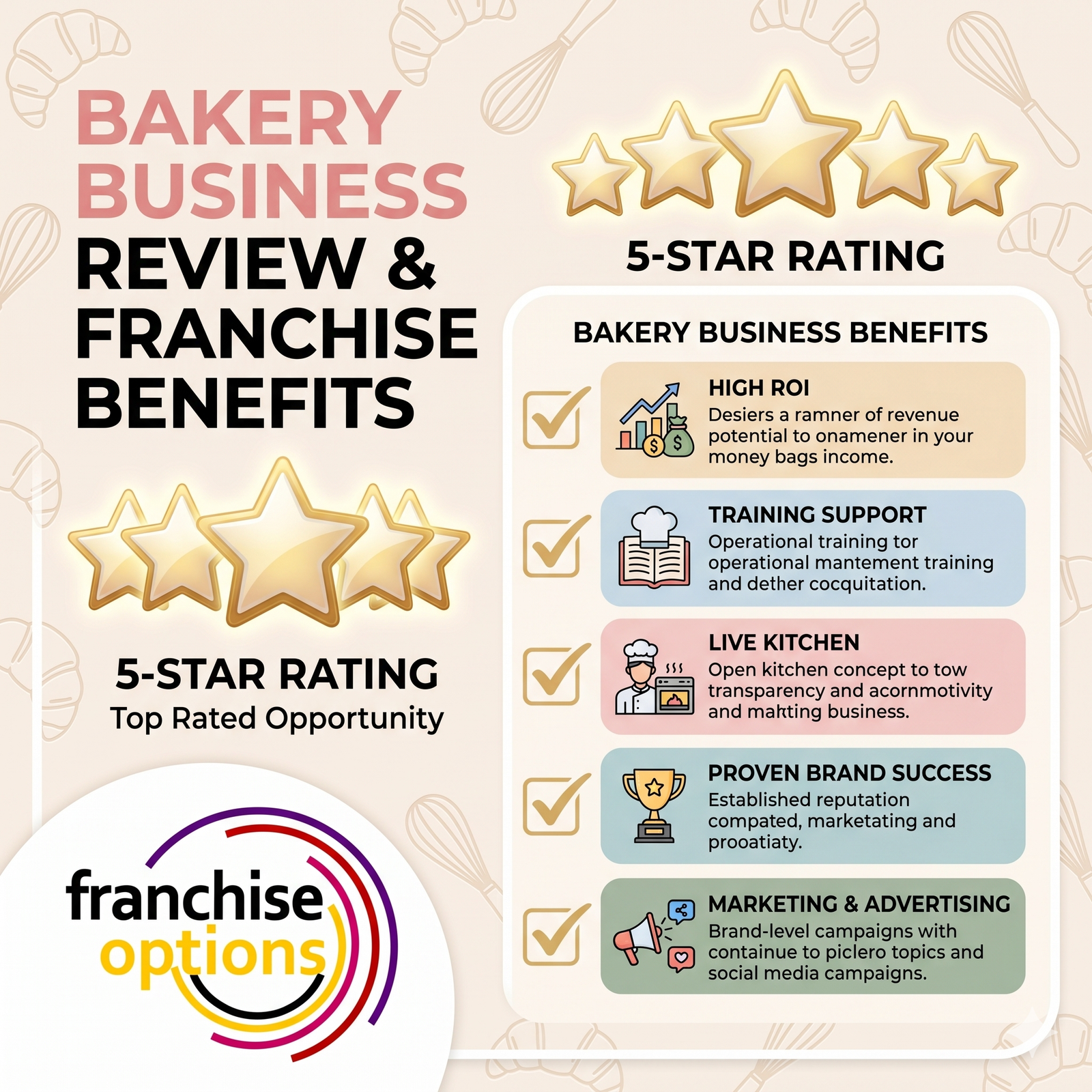 A professional review infographic highlighting a 5-star rating and the benefits of opening a bakery franchise.