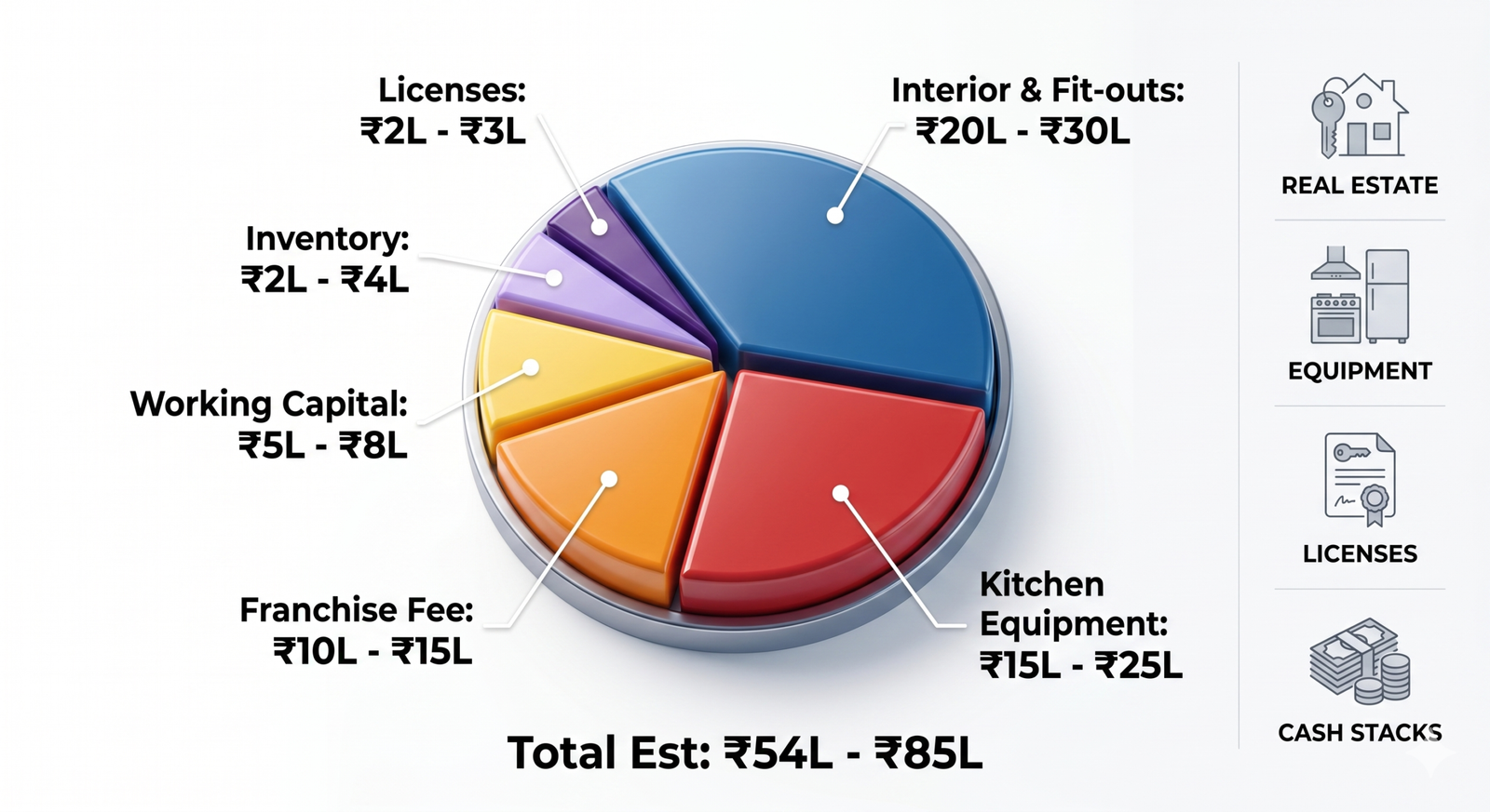 A clean, corporate financial pie chart illustrating the distribution of costs: setup, franchise fee, equipment, marketing, and working capital in Indian Rupees.