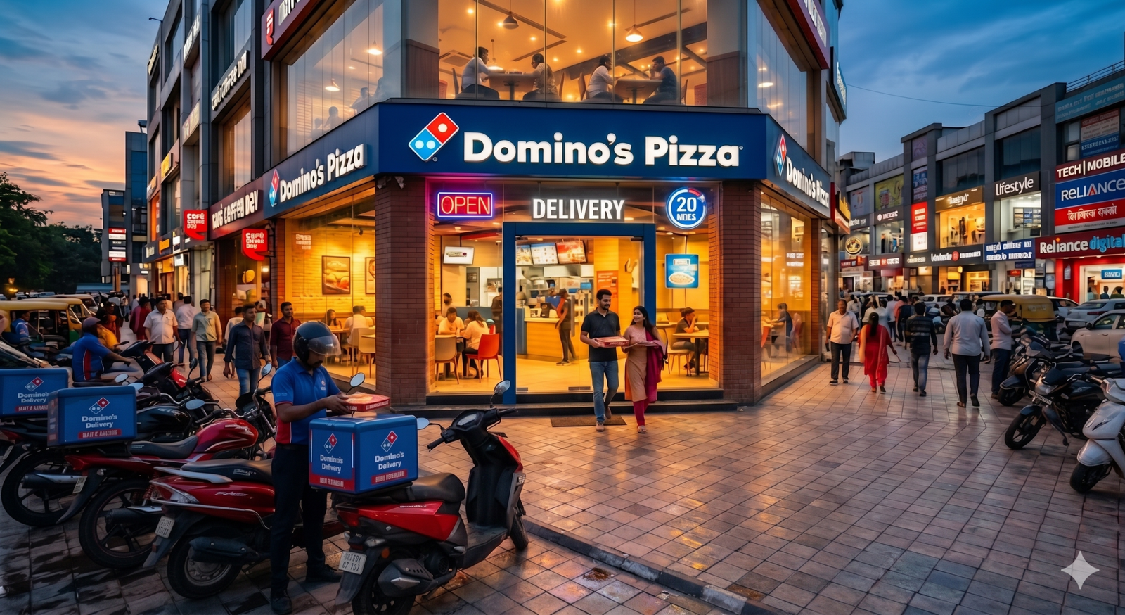 A modern Domino's Pizza store exterior in an Indian city at twilight.