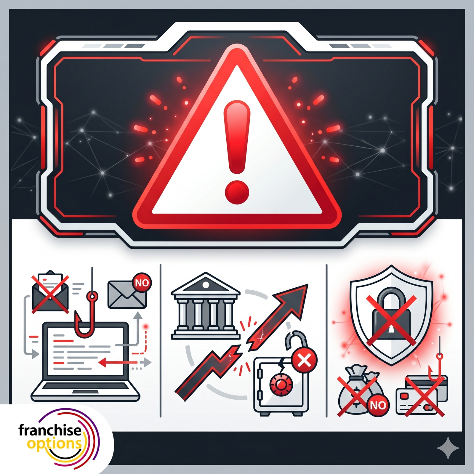 A professional infographic showing how to spot a fake franchise scam, including fake emails and unverified bank accounts.