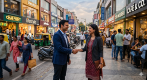A diverse group of entrepreneurs shaking hands in front of a modern, bustling Indian retail and food franchise street.