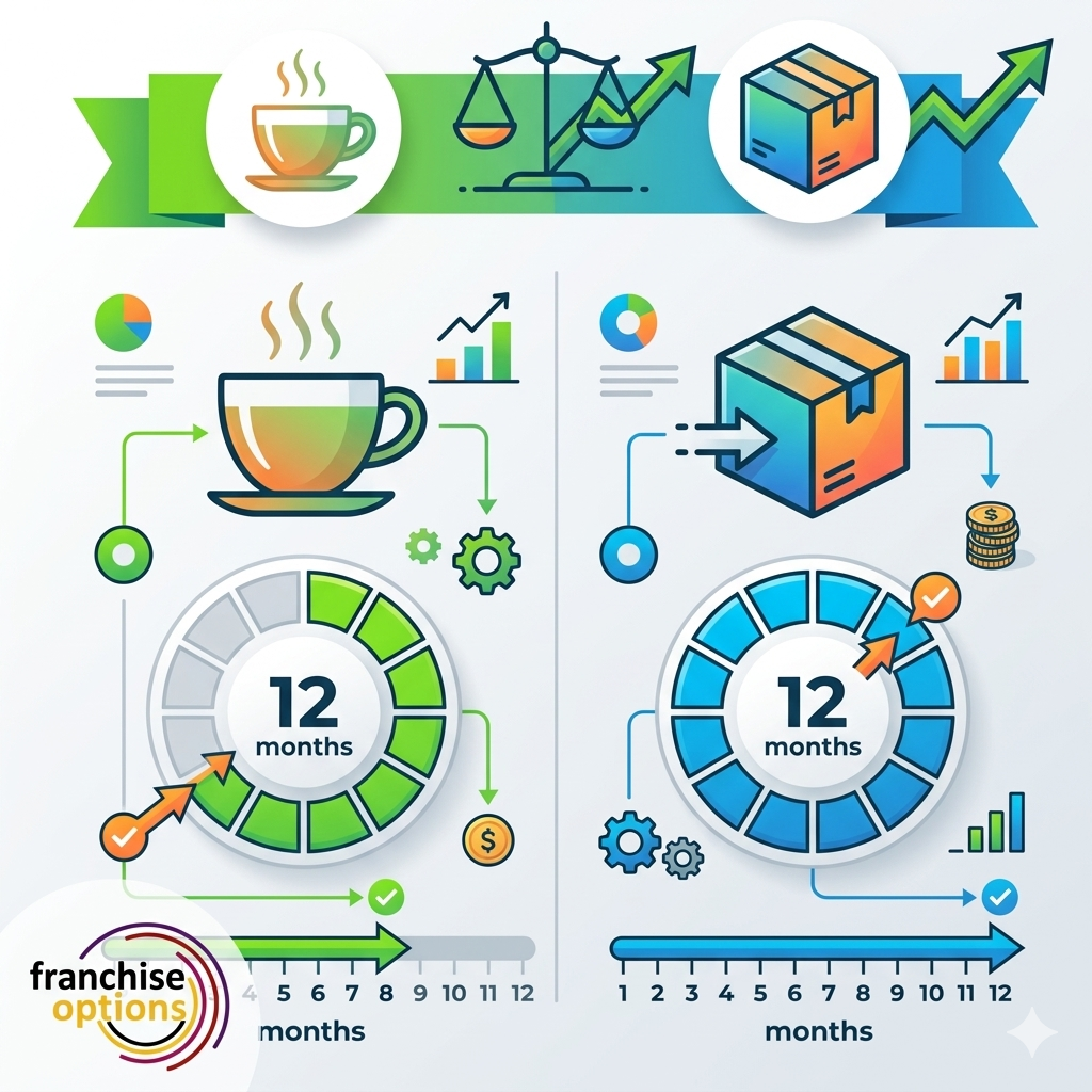 A professional infographic comparing the ROI timelines of F&B Kiosks vs Courier franchises.