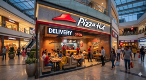 A vibrant, well-lit Pizza Hut restaurant exterior in a premium Indian mall.