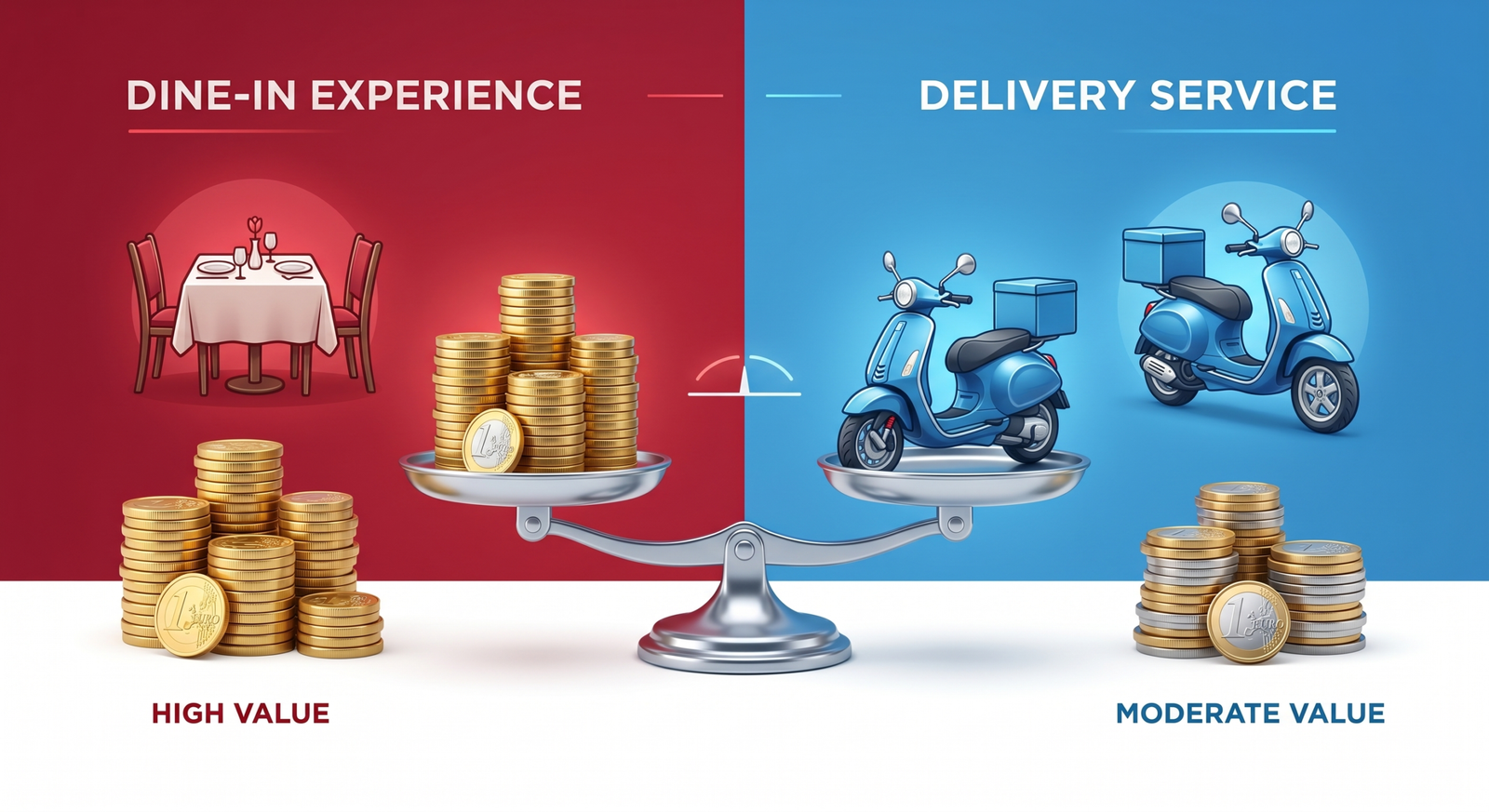 A professional infographic comparing two sides: one side with Pizza Hut branding elements (red) and the other with Domino's (blue), featuring scales, cost icons, and growth charts.