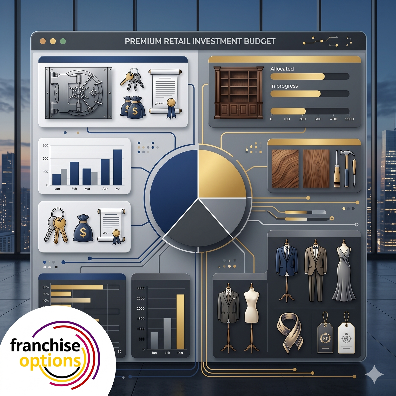 A professional infographic breaking down the ₹45 Lakh investment cost for a premium Raymond clothing showroom.
