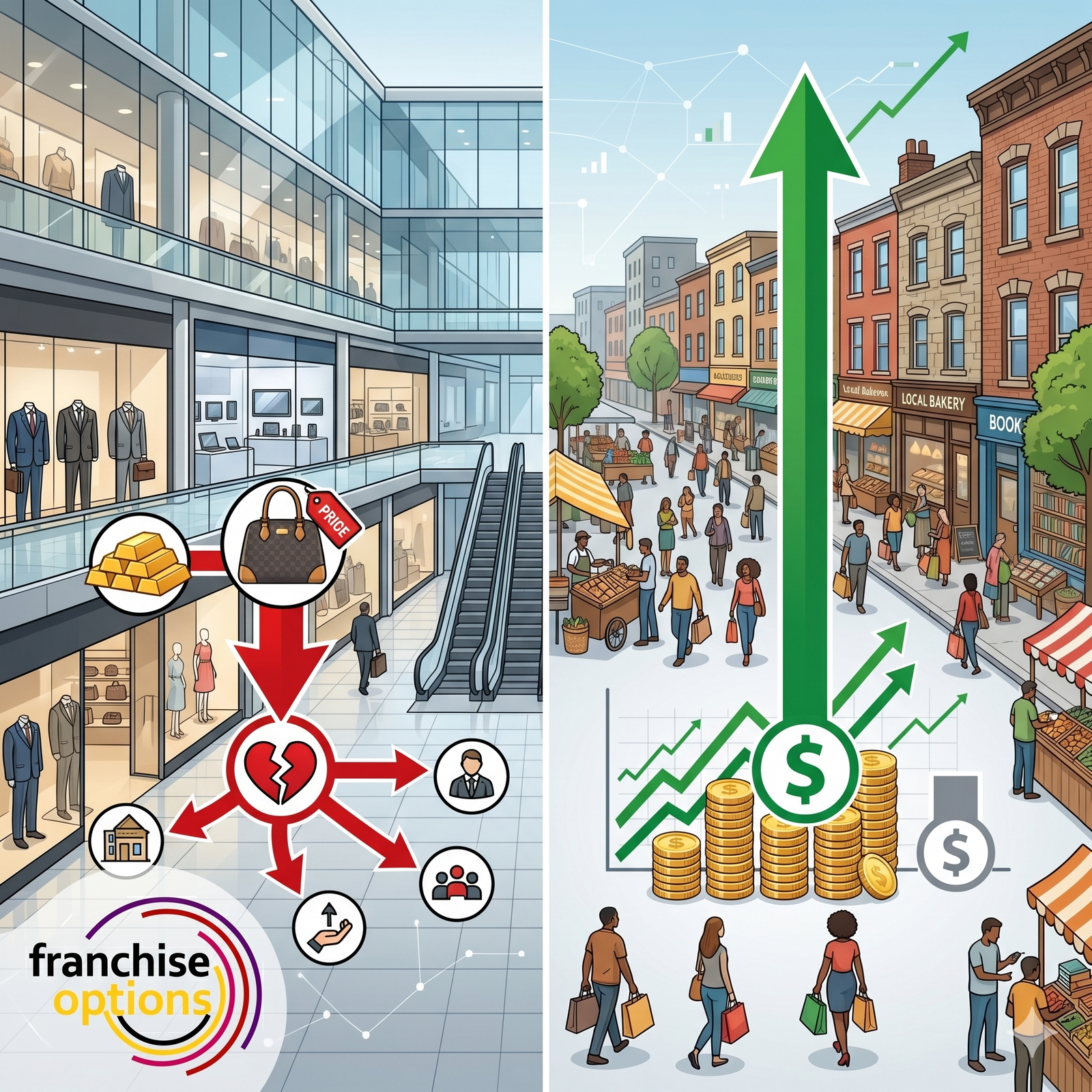 A professional infographic comparing the high costs and revenue share of Tier-1 malls against the high profitability of Tier-2 high streets.