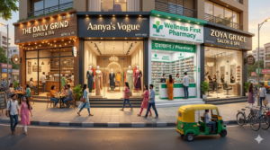 A vibrant mosaic collage of various Indian storefronts including cafes, clothing stores, and pharmacies, representing 101 business ideas.