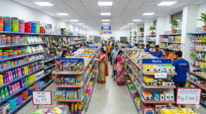 A brightly lit, fully stocked interior of a modern 99 store retail franchise in India.