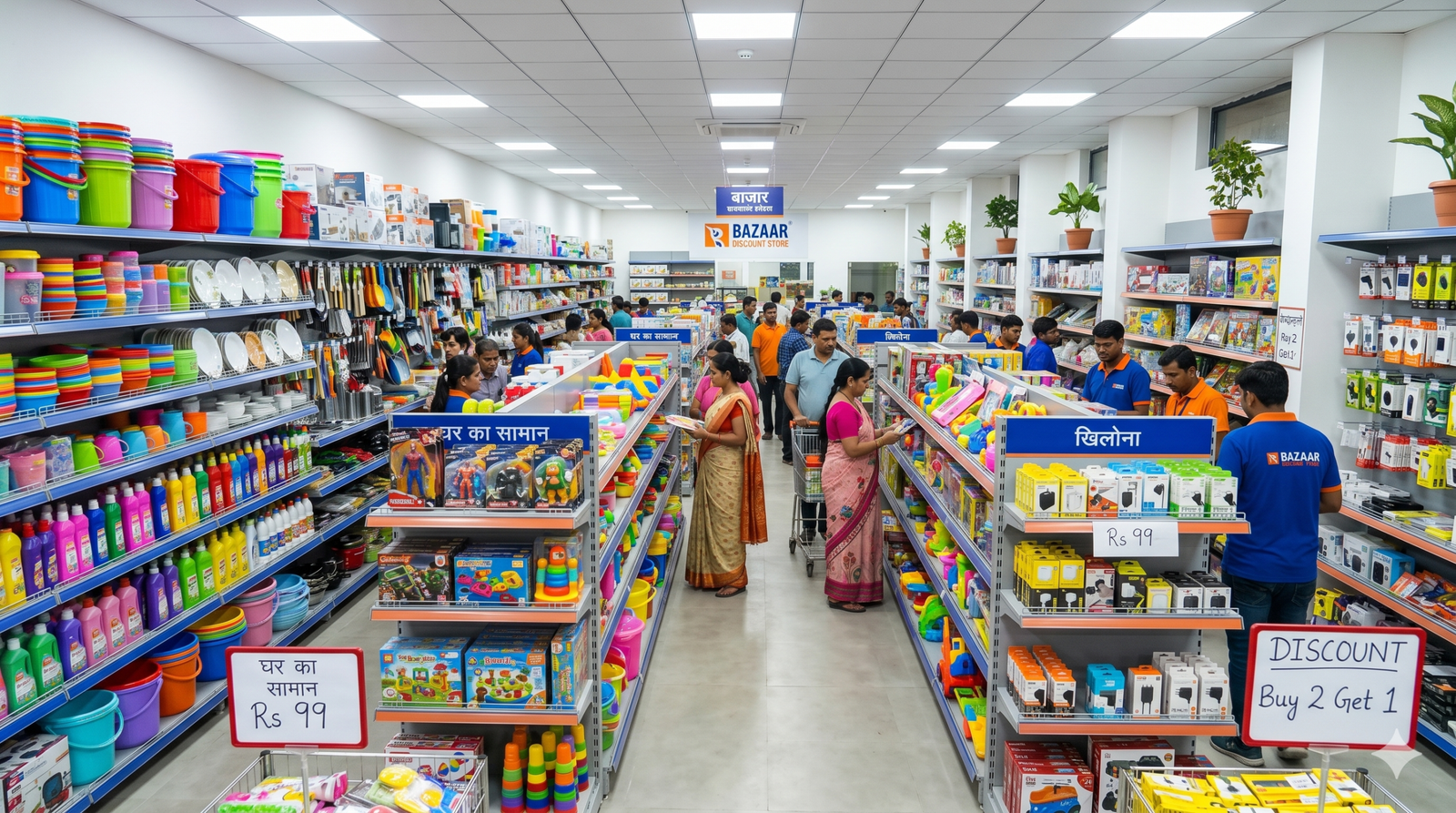 A brightly lit, fully stocked interior of a modern 99 store retail franchise in India.
