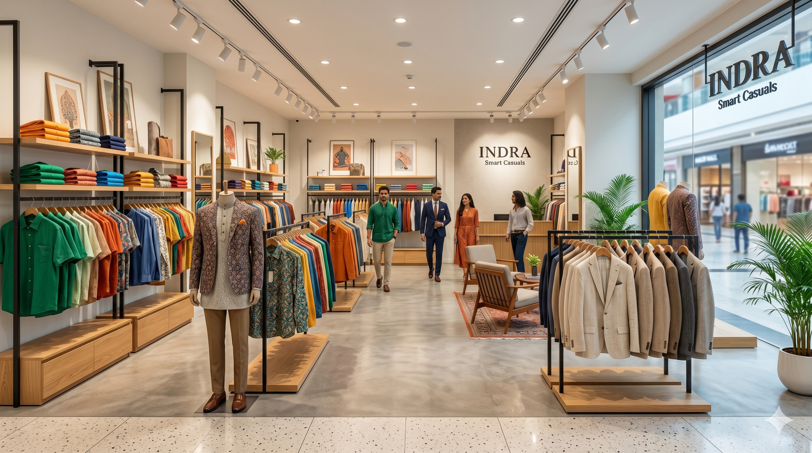 A brightly lit, premium retail interior of an Allen Solly smart-casual clothing franchise in India.