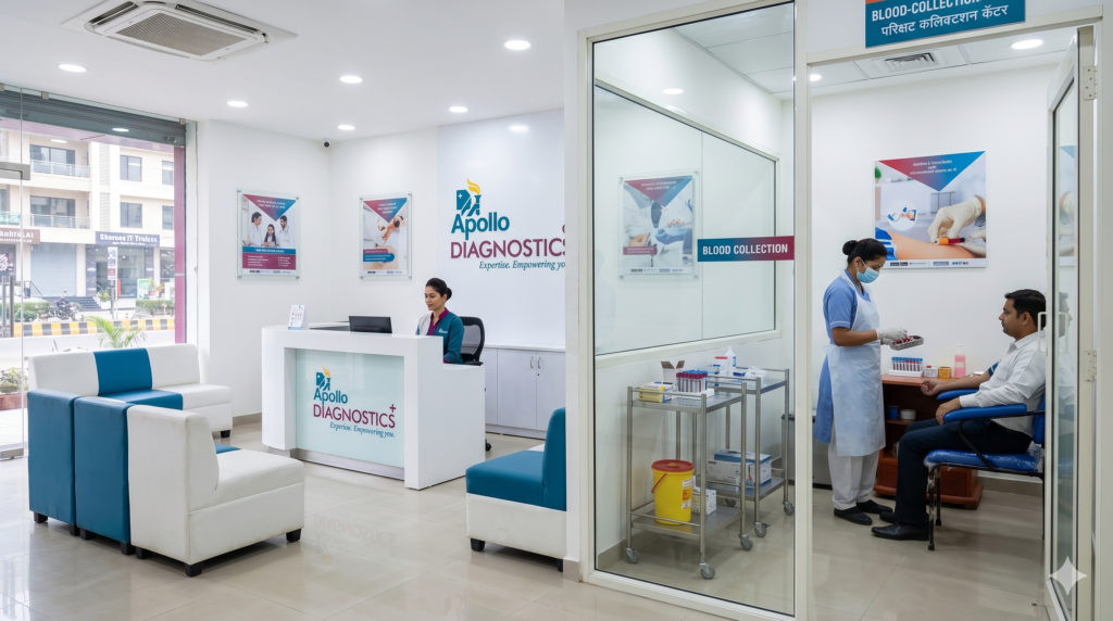 A clean, modern interior of an Apollo Diagnostics patient collection center in India, showing a hygienic waiting area.