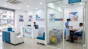 A clean, modern interior of an Apollo Diagnostics patient collection center in India, showing a hygienic waiting area.