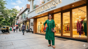 A confident Indian woman entrepreneur smiling while standing outside her branded retail store, representing successful women in franchising.