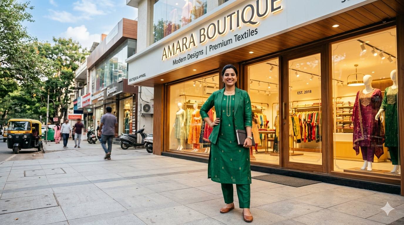 A confident Indian woman entrepreneur smiling while standing outside her branded retail store, representing successful women in franchising.