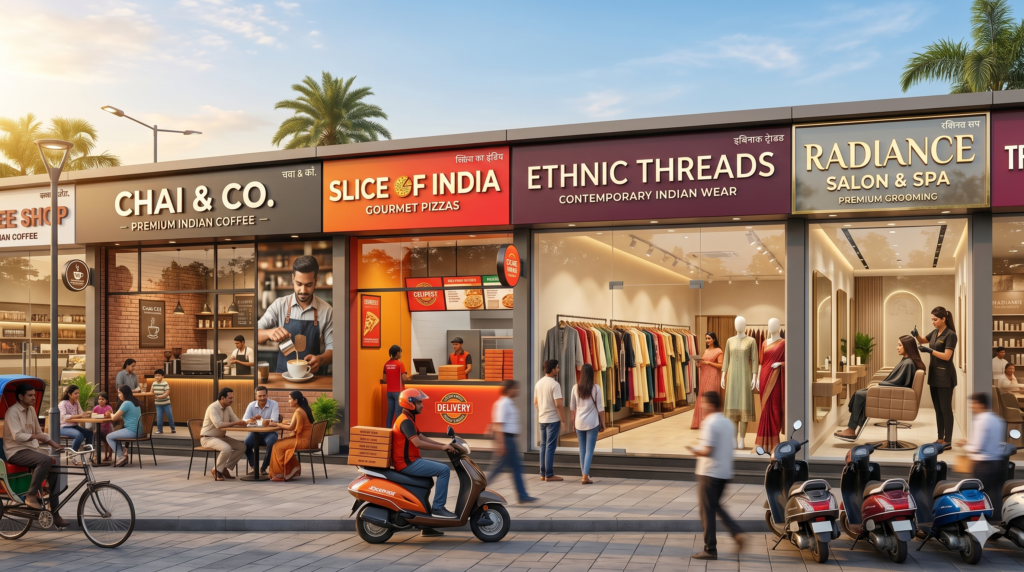 A collage of successful Indian franchise businesses including coffee shops, retail, and salons.