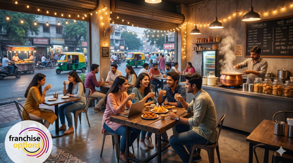 A busy modern Indian street cafe serving tea to young professionals and students.
