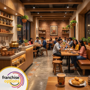 A beautiful, modern Chai Kaapi Indian cafe interior showing customers relaxing with tea and coffee.