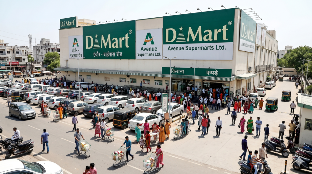 A massive, bustling Indian supermarket exterior representing the scale of D - Mart retail operations.