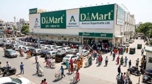 A massive, bustling Indian supermarket exterior representing the scale of D - Mart retail operations.