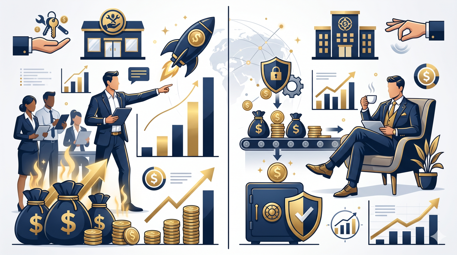A professional infographic comparing the high involvement of FOFO models against the passive investment of FOCO models.