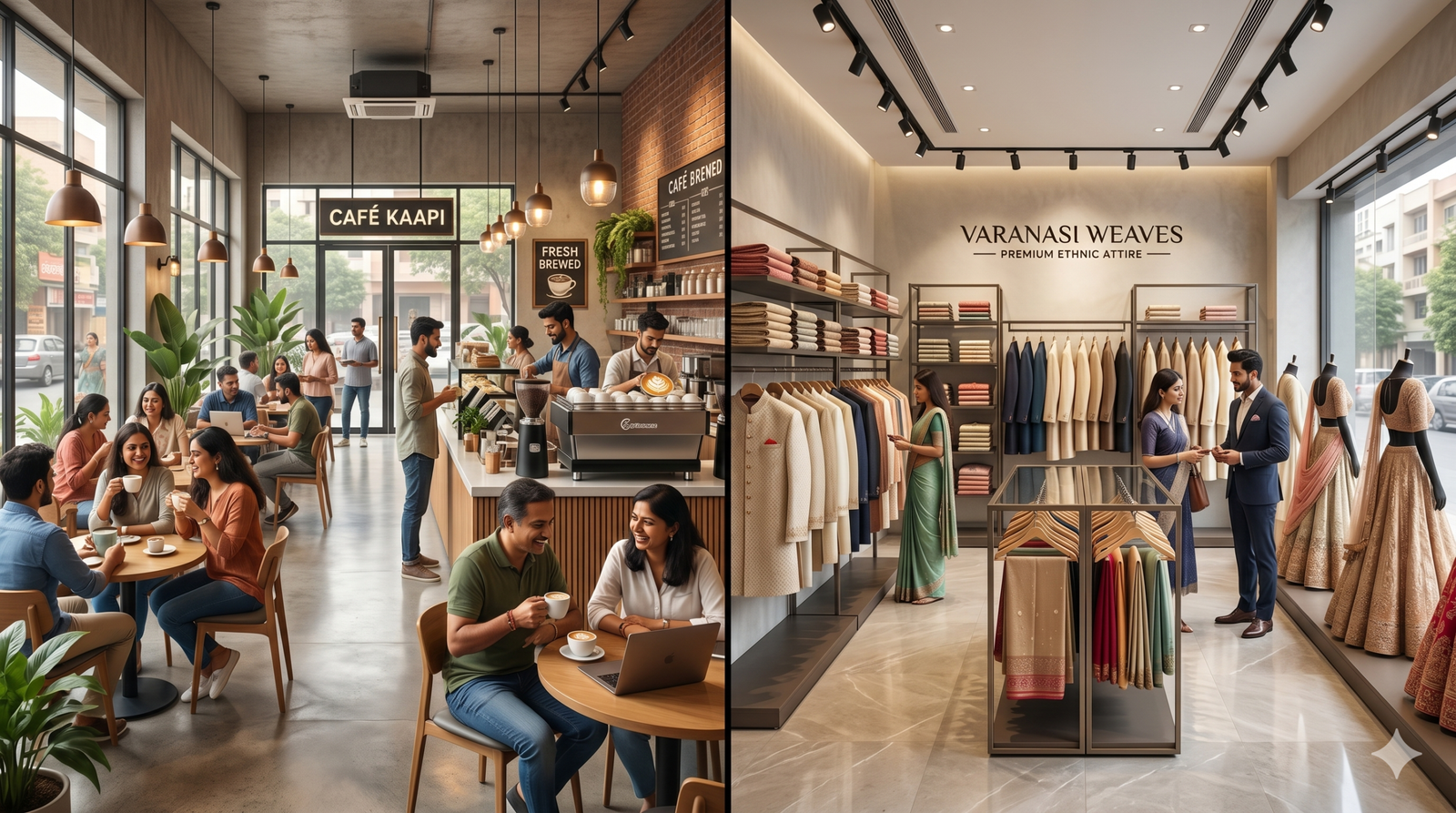 A split-screen comparison showing a busy cafe on one side and a premium clothing retail store on the other.