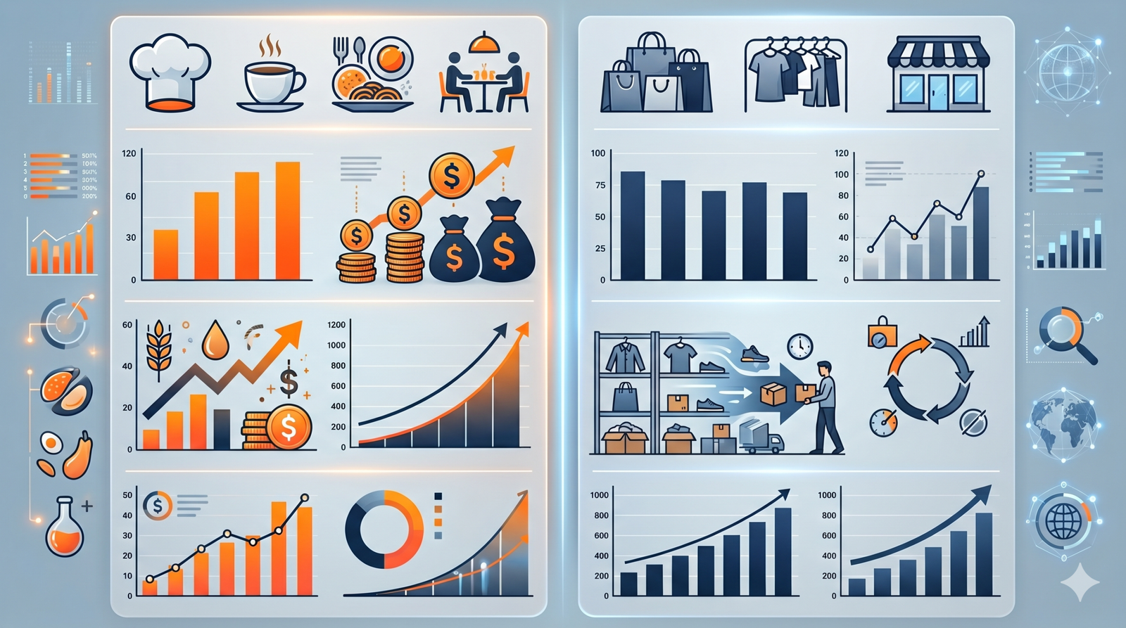 A professional infographic comparing the high-margin F&B sector against the low-risk Retail sector.