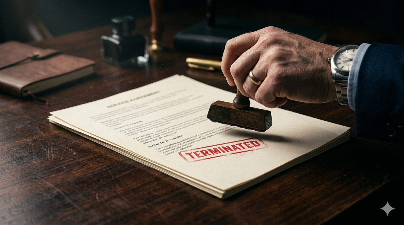 A dramatic close-up of a red 'TERMINATED' stamp being pressed onto a legal franchise contract, representing business loss.