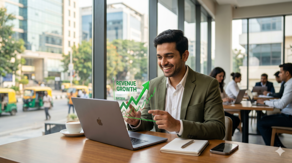 A business owner looking happily at a rising financial chart on a laptop, representing a successful franchise break-even point.
