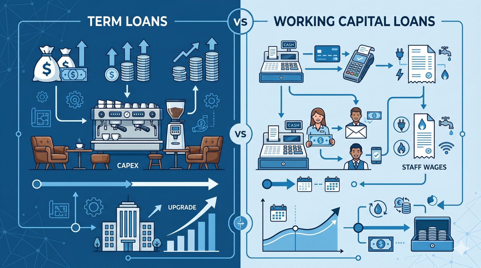 A professional infographic comparing Term Loans versus Working Capital Loans for franchises.