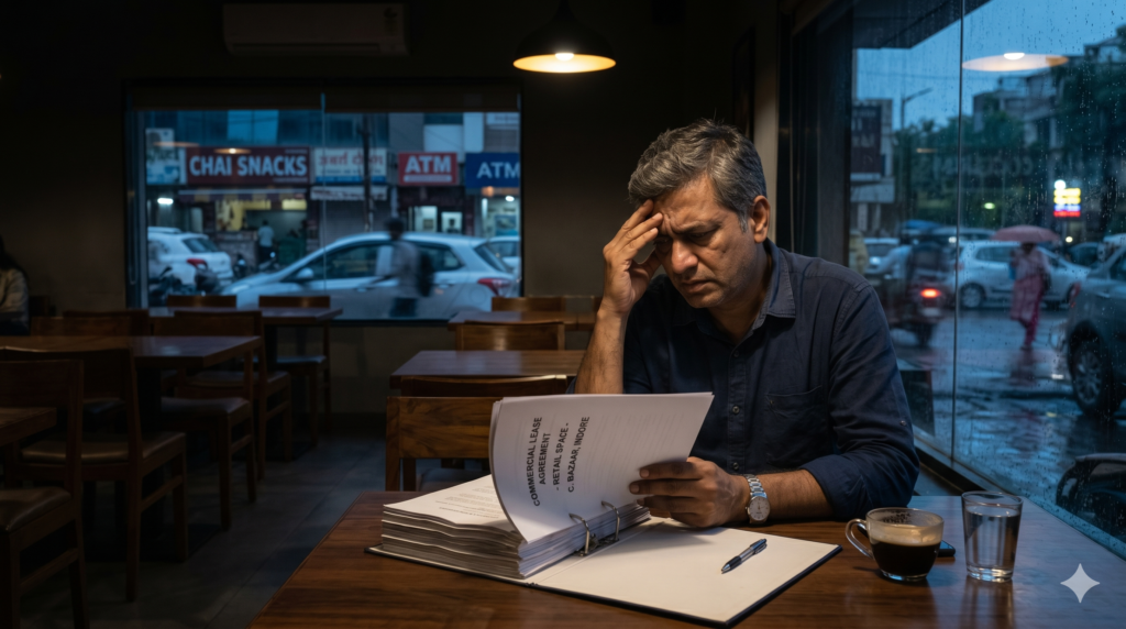 An Indian business owner looking stressed while reviewing a commercial lease agreement, illustrating the impact of high rent.