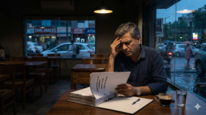 An Indian business owner looking stressed while reviewing a commercial lease agreement, illustrating the impact of high rent.