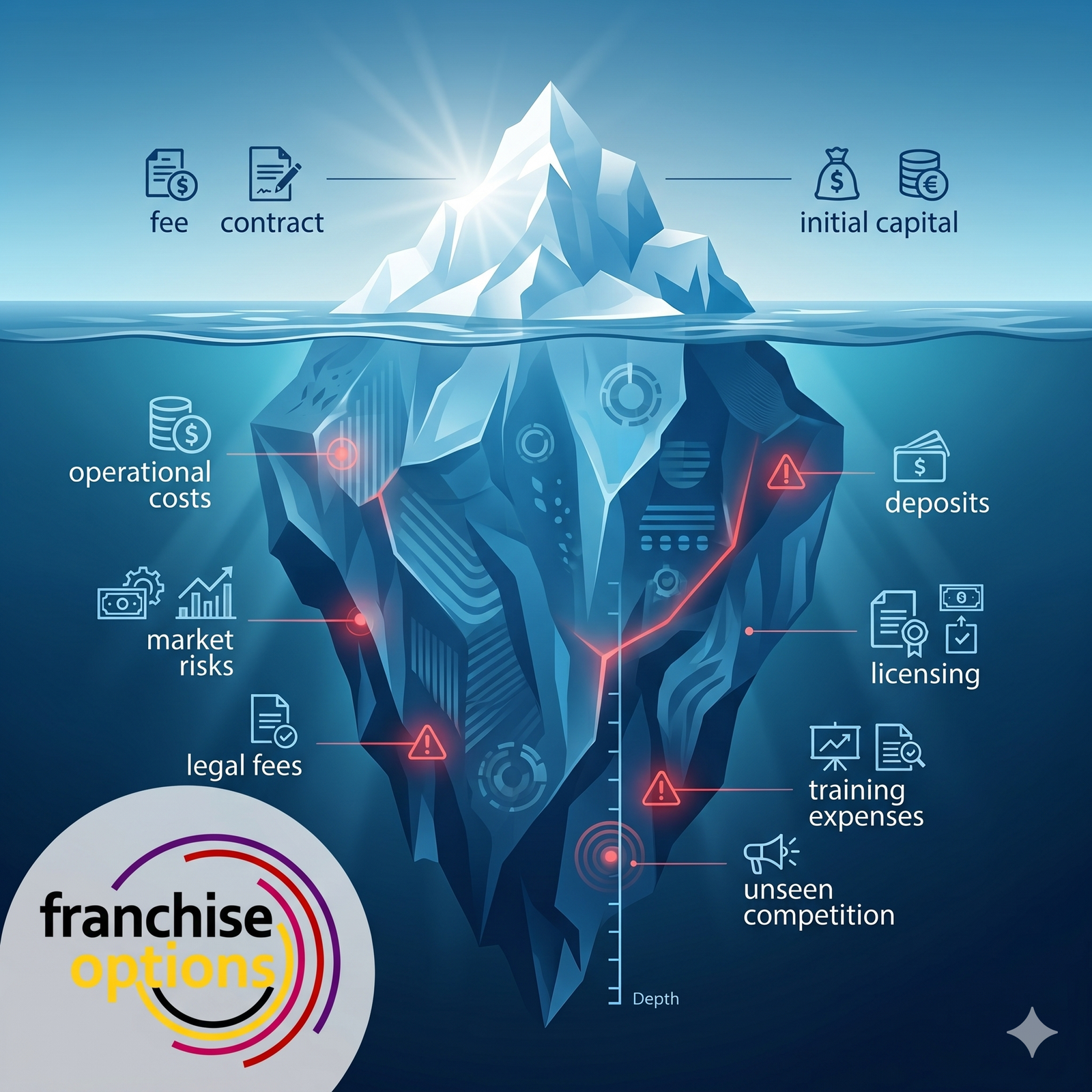 A professional infographic showing an iceberg. The tip of the iceberg shows 'Franchise Fee', while the massive hidden bottom shows 'Working Capital, Deposits, Licensing, Marketing'.