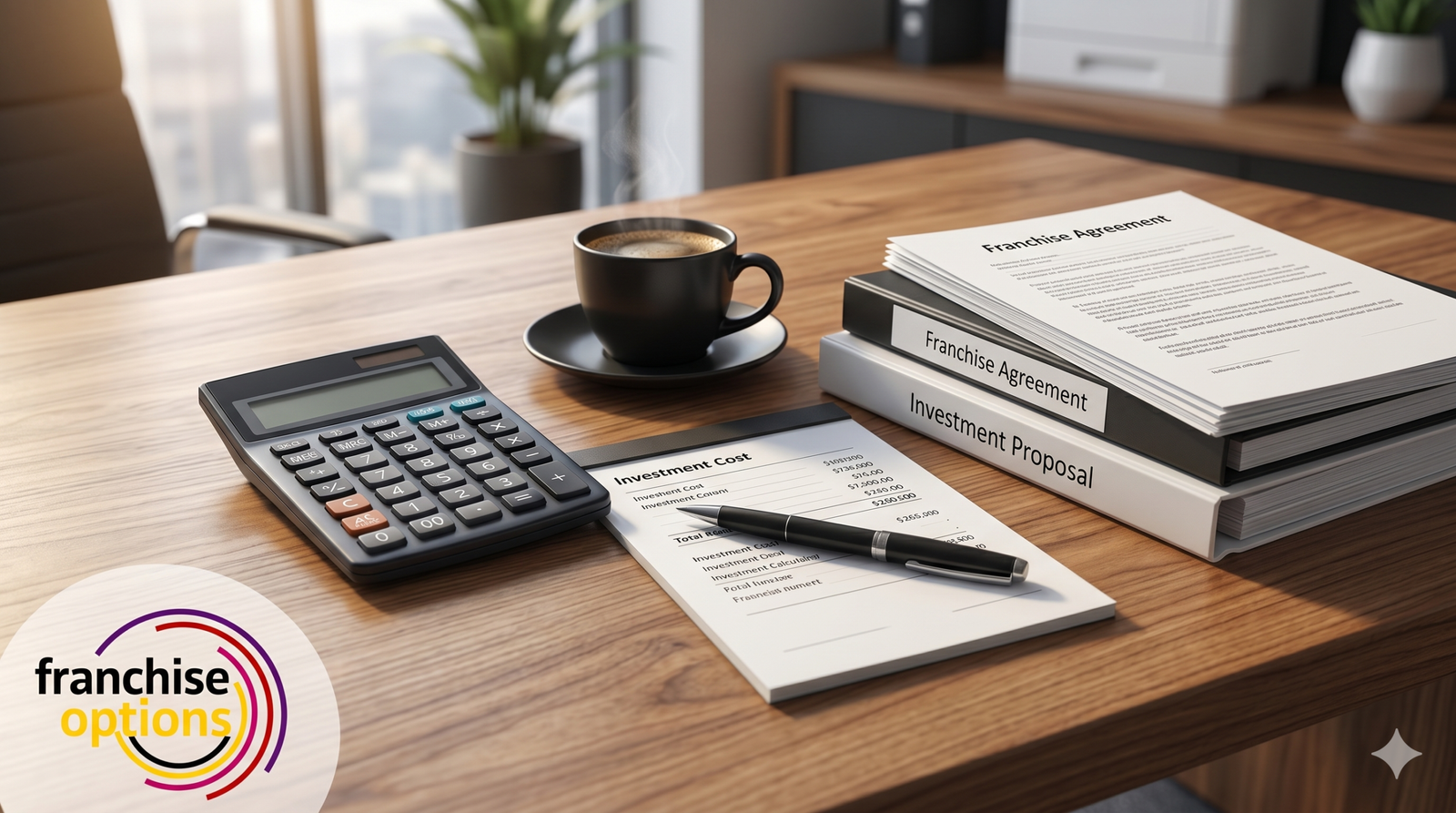 A modern business desk with a financial calculator, contracts, and a coffee cup representing franchise investment planning.