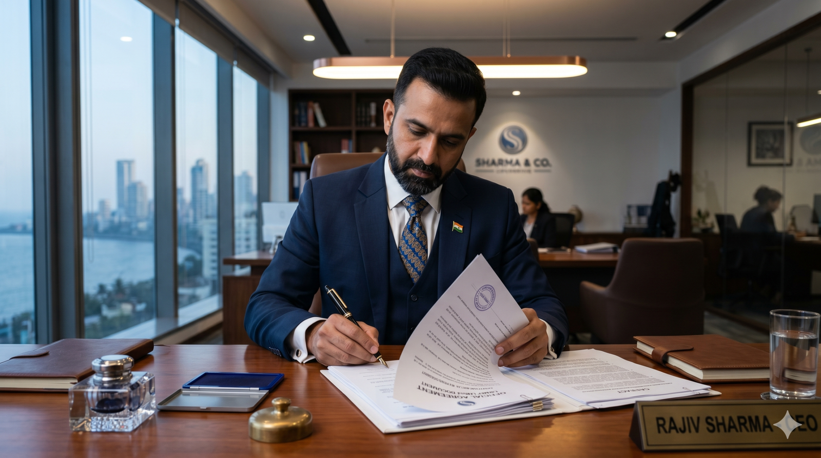 A close-up of a businessman signing a thick legal franchise agreement document, representing business registration.