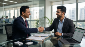 A professional banking advisor shaking hands with a new franchise owner across a desk, representing a successful business loan approval.