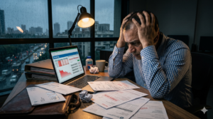 A stressed business owner holding their head in their hands while looking at a laptop and scattered bills, representing a failing franchise.