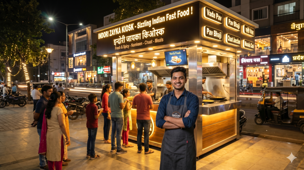 A proud Indian franchise owner standing outside a busy fast-food kiosk at night, representing a successful business case study.