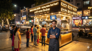 A proud Indian franchise owner standing outside a busy fast-food kiosk at night, representing a successful business case study.
