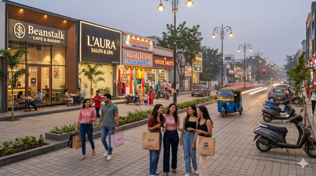 A bustling, newly developed commercial high-street in a Tier-3 Indian city featuring branded stores and aspirational consumers.