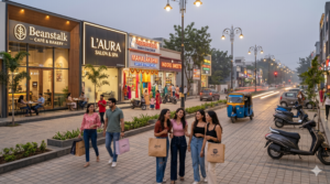A bustling, newly developed commercial high-street in a Tier-3 Indian city featuring branded stores and aspirational consumers.