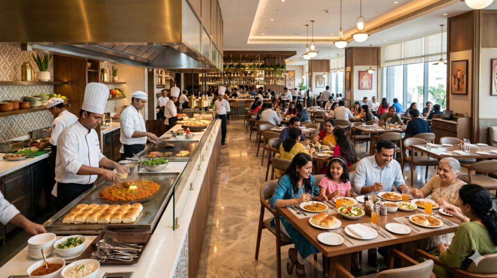 A bustling, modern Indian vegetarian restaurant interior with families dining on Pav Bhaji.
