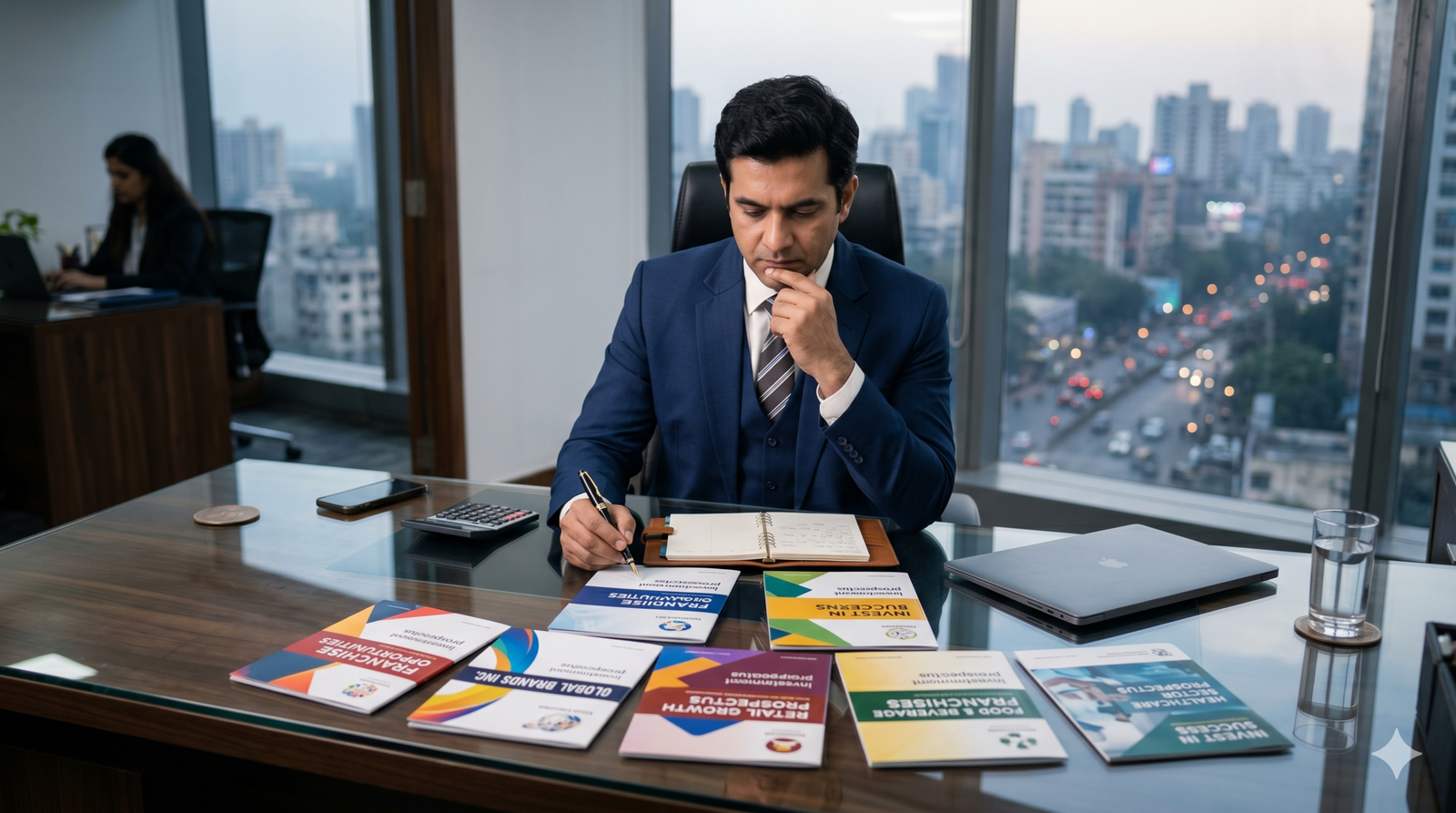 A business investor thoughtfully reviewing multiple franchise brochures laid out on a table, illustrating the franchise selection process.