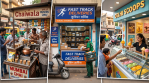 A collage of small, profitable micro-businesses in India including a tea kiosk, local courier storefront, and ice cream parlor.
