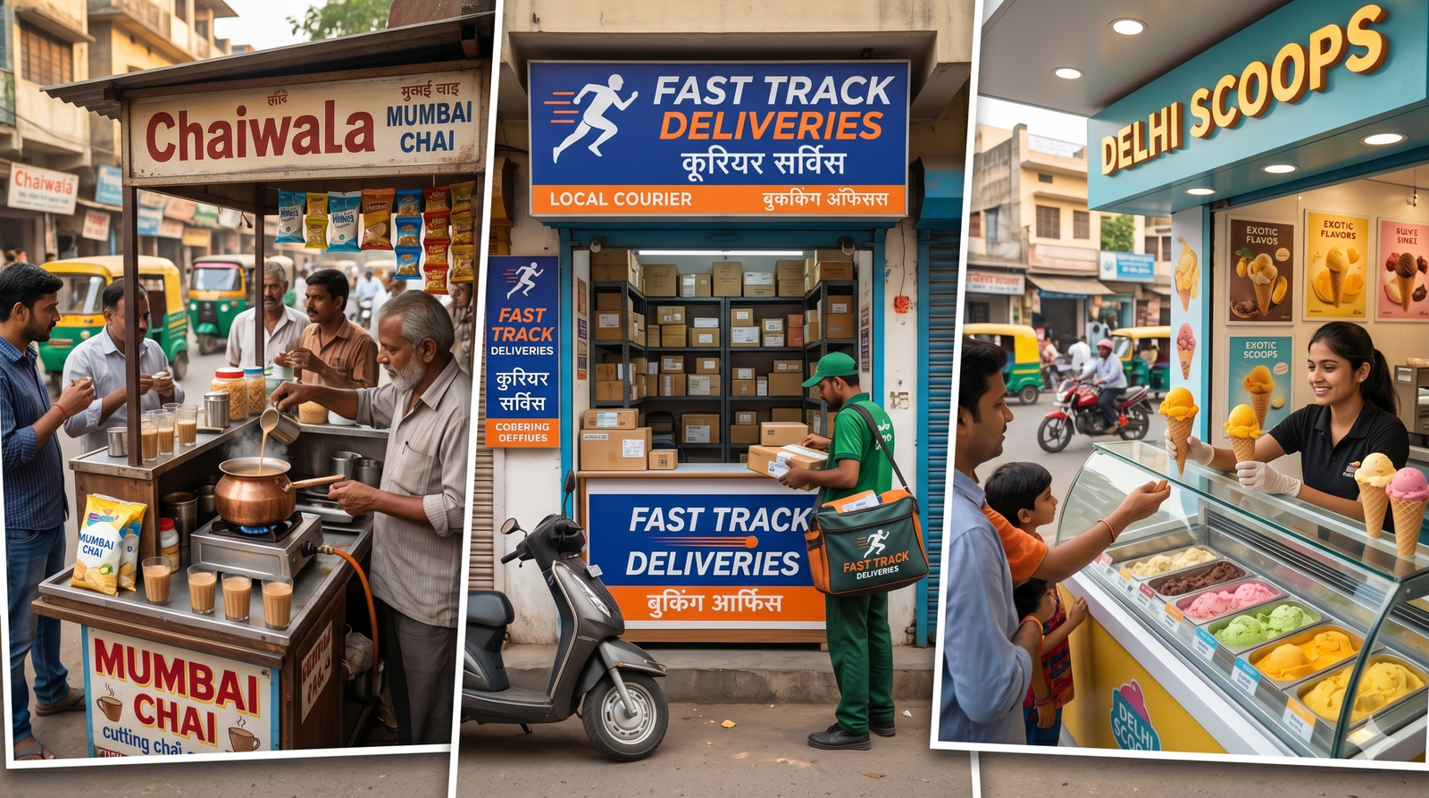 A collage of small, profitable micro-businesses in India including a tea kiosk, local courier storefront, and ice cream parlor.
