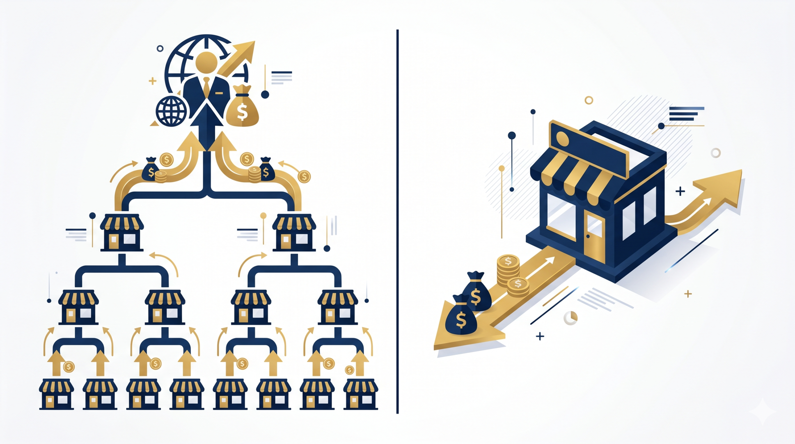 A professional infographic comparing the hierarchy and cash flow of a Master Franchise versus a Unit Franchise.