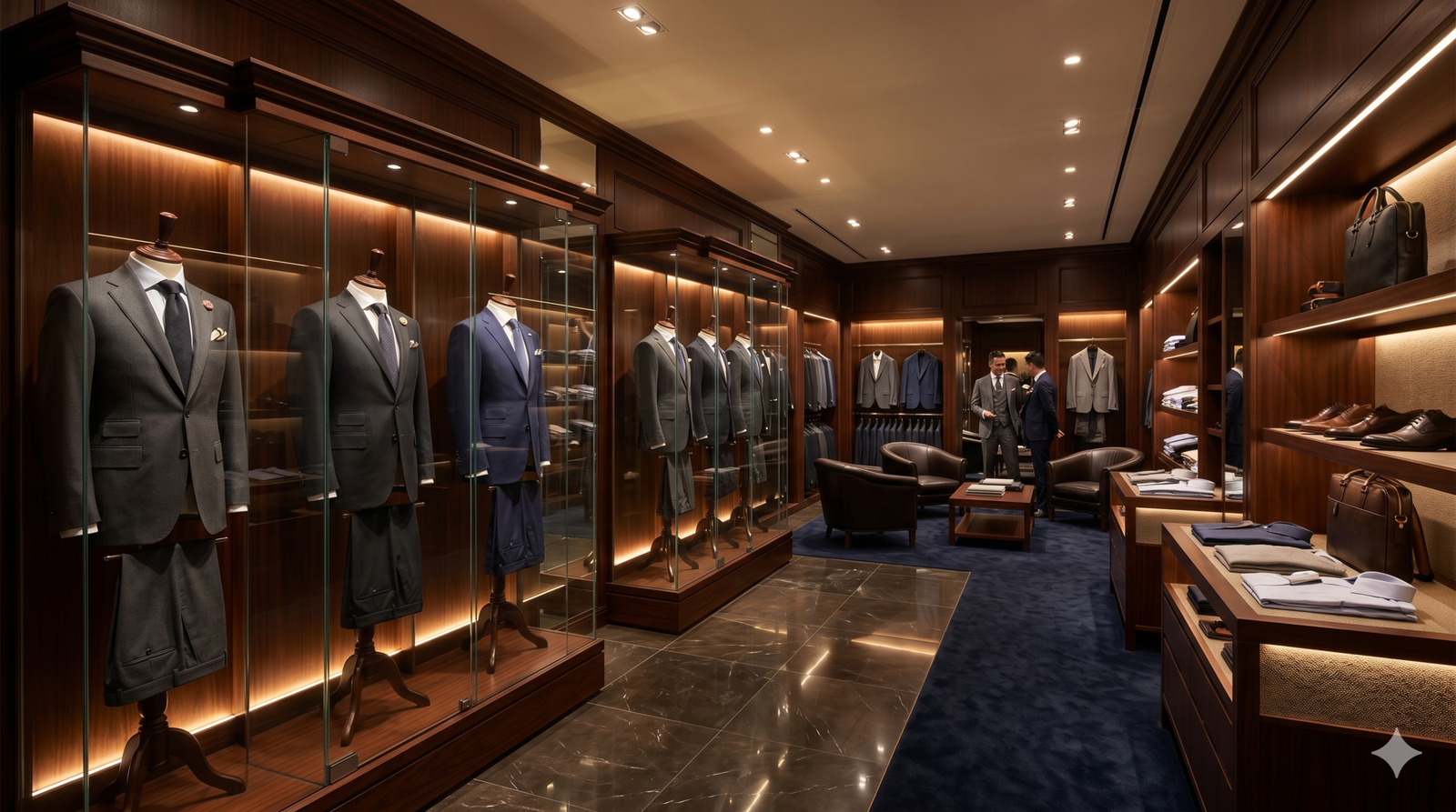 A premium, luxury interior of a Raymond men's clothing franchise showing high-end suits and wood paneling.