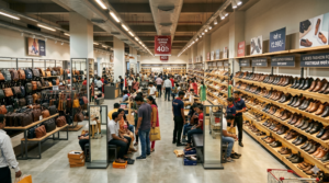 A massive, bustling retail footwear showroom in India, representing a high-volume franchise model.