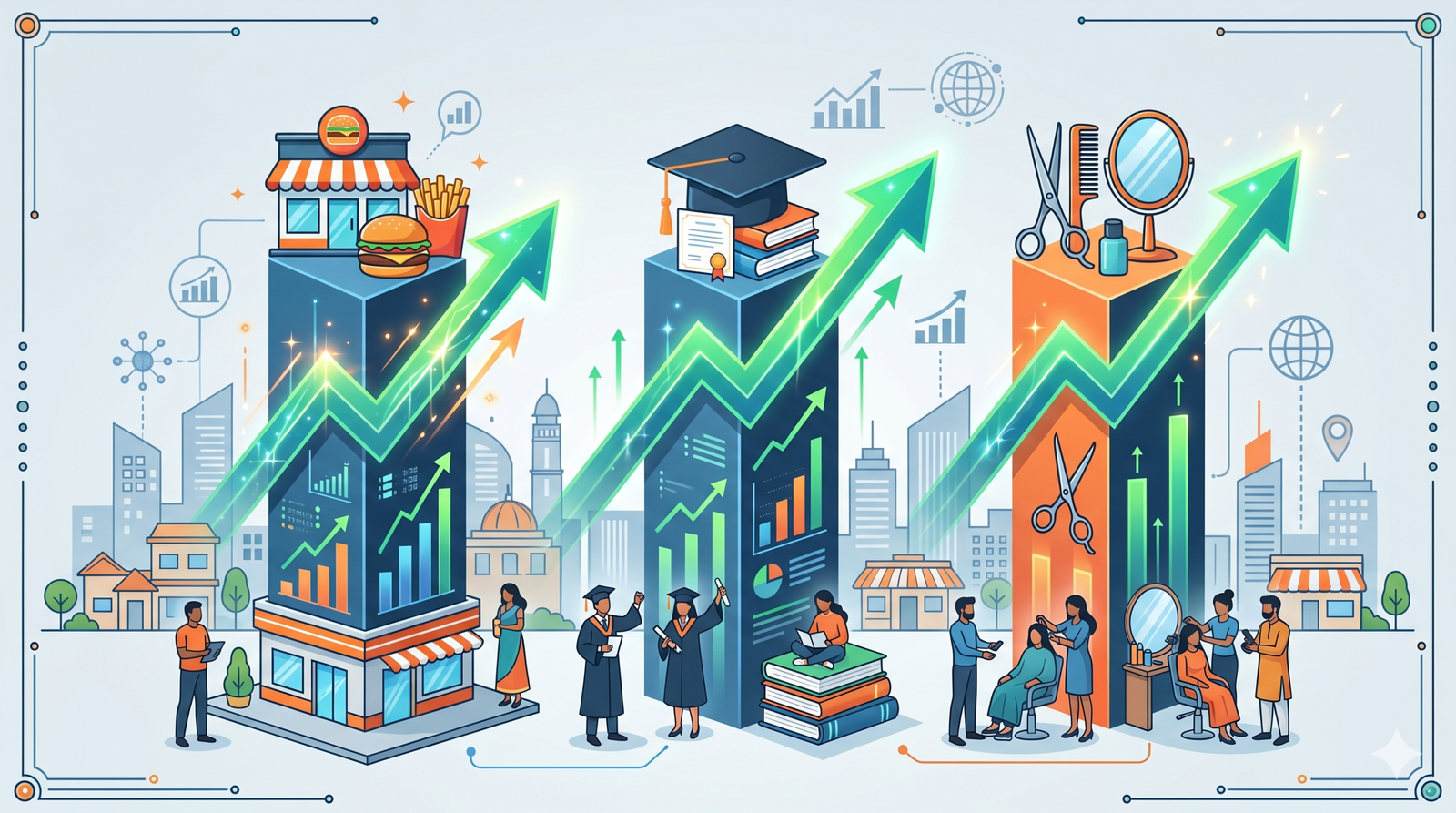 A professional infographic showing the explosive growth of F&B, Education, and Salon franchises in Tier-3 Indian cities.